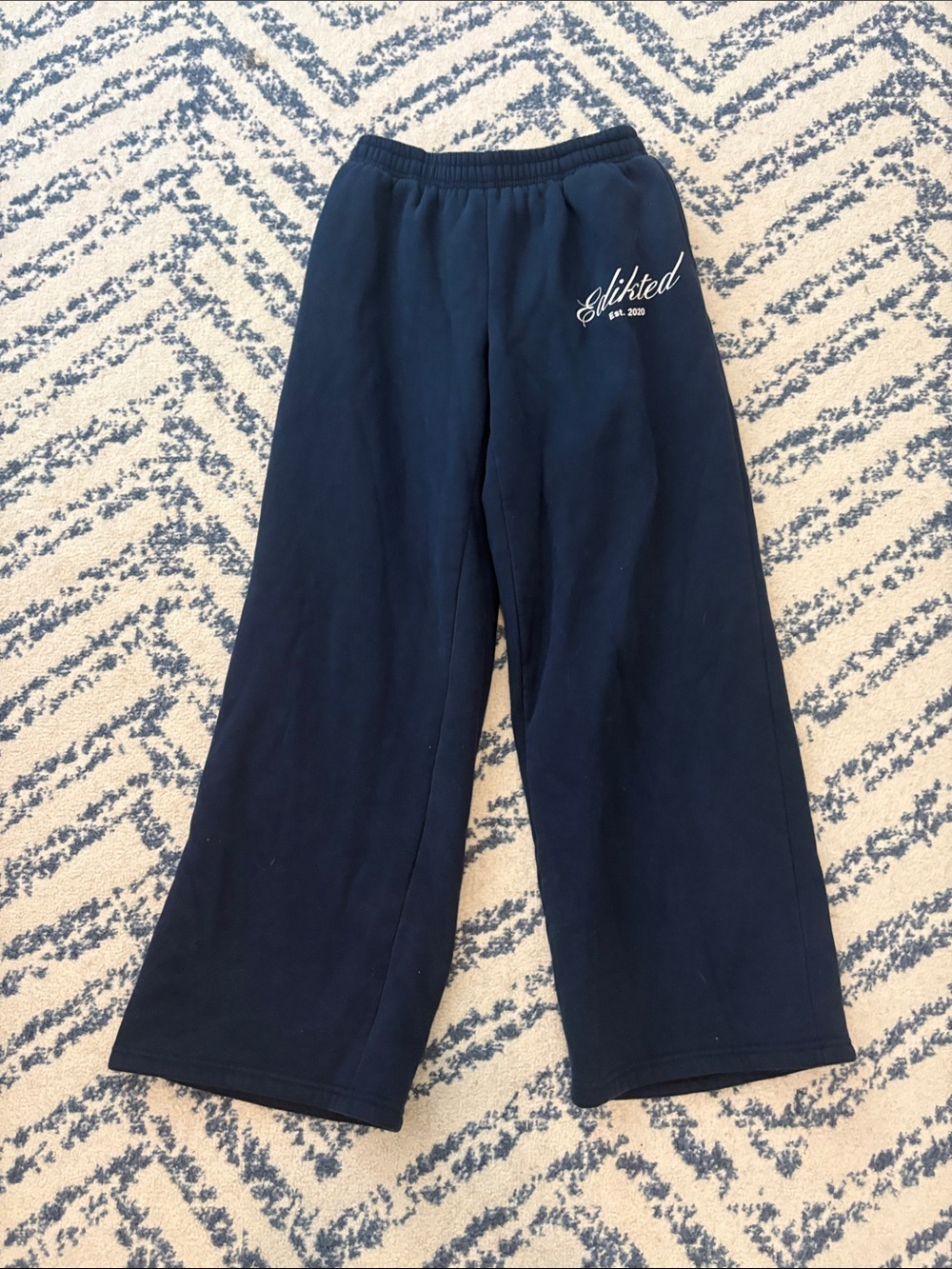 Edikted Navy Wide-Leg Sweatpants with Script Logo